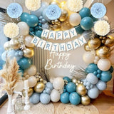 Dusty Blue & Gold Birthday Decor Set - Balloons, Banner, Pom Poms, Curtain and Tablecloth