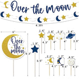 Over The Moon Baby Shower Decorations Space Party Banner Moon Star Cake Cupcake Toppers Navy Blue Gold Balloons For Twinkle Twinkle Little Star Outer Space First Birthday Supplies