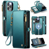 For Iphone 16 Pro Magnetic Wallet Case Compatible With Magsafe With Rfid Blocking Zipper Strap Card Holder For Women Men Pu Leather Detachable Case For Iphone 16 Pro (6.3 Inches), Blue Green