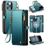 For Iphone 16 Pro Magnetic Wallet Case Compatible With Magsafe With Rfid Blocking Zipper Strap Card Holder For Women Men Pu Leather Detachable Case For Iphone 16 Pro (6.3 Inches), Blue Green
