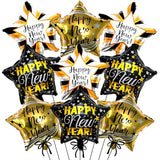 9pcs Happy New Year Balloons, Black and Gold Star Foil Balloon For 2026 New Years Eve Party Supplies
