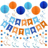 Blue & Orange Dog Birthday Party Decorations Banner, Swirls, Honeycomb Balls