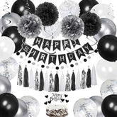 Birthday Decorations For Men, Black And Silver Happy Birthday Party Decorations, Black And White Party Supplies - Banner, Balloons, Tissue Pompoms, Swirls, Tassels Garland