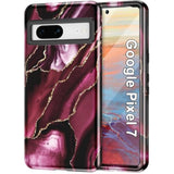 Marble Pattern 3 in 1 Heavy Duty Shockproof Full Body Rugged Hard PC+Soft Silicone Drop Protective Case for Google Pixel 7 (2022) - Wine Red