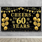 60Th Birthday/Anniversary/Wedding Decorations For Women Men, Cheers To 60 Years Banner, Black And Gold 60Th Birthday Backdrop, 60 Bday Decorations Party Banner Photography Supplies Background