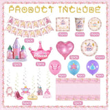 Princess Birthday Party Decorations Princess Plates And Napkins Party Supplies - Happy Birthday Banner, Castle Crown Foil Balloons, Disposable Tablecloth, Cups Sets For Girls Women, Serve 16