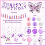 53Pcs Butterfly Birthday Decorations, Purple Butterflies Decorations With Honeycomb Ball Banner Butterflies Hanging Swirl Big Butterfly Foil Balloon For Women Butterflies Girl Theme Birthday Supplies