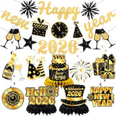 16pcs Gold Black New Year 2026 Decorations Banner Swirls Honeycomb Decor