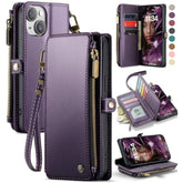 Compatible With Iphone 15 Plus Case Wallet With Rfid Blocking Card Holder For Women Men, Soft Pu Leather Magnetic Snap Flip Zipper Strap Wallet Phone Case Fit For Iphone 15 Plus 6.7", Purple