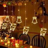 180 Led Christmas Curtain String Lights, 8.3 Ft Linkable Warm White Window Fairy Lights With 12 Reindeer & Bell Pendants