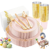 175Pcs Pink Plastic Plates - Pink And Gold Disposable Plates Sets, Include 25 Dinner Plates,25 Dessert Plates,25 Cutlery Sets,25 Napkins Perfect For Wedding & Party & Holiday & Easter