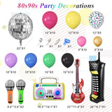 80S 90S Theme Party Decorations, 90Pcs Balloon Garland Kit 6Pcs Disco Ball Radio Boom Box Retro Mobile Phone Guitar Microphone Foil Balloons For Back To 80S 90S Hip Hop Birthday Supplies