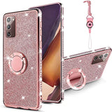 For Galaxy Note 20 Case With Ring Stand Lanyard Strap, Cute Bling Shiny Glitter Girly Women Drop Protection Shockproof 2-Layer Protective Phone Cover For Samsung Note 20 5G - Rose Gold