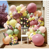 Dusty Green Pink Yellow Balloon Arch Double Stuffed Pastel Green Pink Peach Mauve Balloon Garland Kit With Artificial Flower Leaves For Spring Birthday Baby Shower Fairy Flower Easter Tea Party Decor