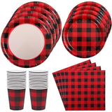 122pcs Red Black Buffalo Plaid Tableware Set Plates Cups Napkins for 24 Guests