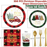 Christmas Party Decorations Supplies - 350 Pcs Merry Christmas Birthday Buffalo Plaid Disposable Dinnerware Set(50 Guest) With Xmas Paper Plates Napkins Cups Plastic Fork Knive Spoon For Holiday Decor