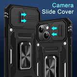 Case For Iphone 15 With Slide Camera Cover + Screen Protector (2 Packs), Rotated Ring Kickstand Grade Shockproof Protective Cover-Black