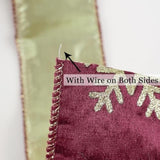 Burgundy And Gold Christmas Velvet Ribbon Wired 2.5 Inch Glitter Snowflake Wired Ribbon For Wreaths, Christmas Tree, Gift Wrapping, Garland, Holiday Crafts, Topper Bows, 10 Yards