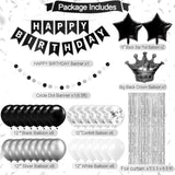 Black & Silver Birthday Decorations – Banner, Balloons, Foil Curtains for All Ages