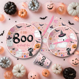 Halloween Theme A Little Boo Is Almost Due Baby Shower Decorations Party Tableware Girl, Pink Ghost Halloween Baby Shower Decorations, Disposable Paper Plate, Cup, Napkin, Cutlery, Serves 24