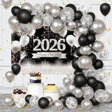 79 Pcs Black Silver Happy New Year 2026 Party Decoration Kit