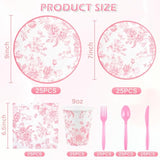 175Pcs Pink Floral Paper Plates And Napkins 25 Guests Pink White Toile Chinoiserie Party Supplies Set Include Plates Napkins Cups Spoons Forks Knives For Christmas Birthday Wedding Mother'S Day