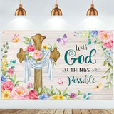 Spring Backdrop Christian Cross Banner With God All Things Are Possible Spring Easter Butterfly Flowers Wall Backdrops For Home Office Background Holiday Photo Prop, 43.3'' X 72.8''