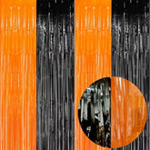 4 Pack Orange Black Foil Fringe Curtains 3.2x8.2ft Backdrop for Party Decorations