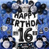 16Th Birthday Decorations For Boys Girls, Happy 16Th Birthday Boy Decorations Blue Black 16 Year Old Bday Party Balloons Supplies Tablecloth, Fringe Curtains, Hanging Swirls Decor For 16 Birthday