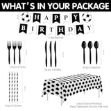 Soccer birthday party set with tableware, banner, and cutlery for 24 guests