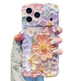 Colorful Retro Oil Painting Girly Phone Case for iPhone 17 Pro Max, Pretty Glossy Pattern Wave Cover, Cute Sparkly Floral Curly Shell for Women and Girls, Pink Purple