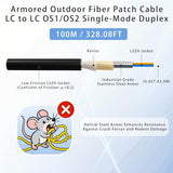 100M/328FT LC to LC Armored Outdoor Fiber Optic Cable, Single Mode Duplex 9/125?m SMF Fiber Patch Cord, OS1/OS2 Compatible, Black LSZH Jacket,