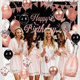 Rose Gold And Black Birthday Party Decorations For Women, Rose Gold Black Balloons Garland Arch Kit & Backdrop Tablecloth Champagne Star Heart Foil Balloon, Adult Rose Gold Birthday Decoration