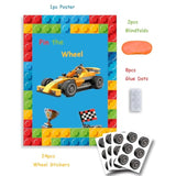 Building Blocks Party Supplies, Pin The Wheel On The Race Car Building Blocks Party Games. Race Car Games, Big Size Poster. Building Block Party Favors, Elastic Blindfolds, Stickers Edge Cut., Large
