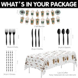 Coffee Party Decorations, Latte Fun Coffee Birthday Party Supplies, Paper Plates And Napkins Table Decorations, Cups, Tablecloth, Frappe Birthday Banner, Disposable Cutlery, Serves 24