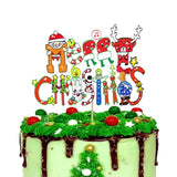 Christmas Cake Topper with Red Glitter Tree, Deer, and Santa Hat Decorations