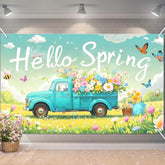 Hello Spring Banner Vintage Truck Floral Spring Party Backdrop Farmhouse Garden Yard Sign Photography Background Rustic Spring Decoration Banner Indoor Outdoor Porch Decor 71X43 Inches