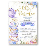 Partiness Tea Party Birthday Invitations For Girls, Purple And Gold Par-Tea Invite, Tea Birthday Party Invites Decorations. (056)