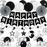 Birthday Decorations Black Happy Birthday Banner Black Balloons Stars Hanging Swirl Streamers 59Pcs Birthday Party Decorations For Men Women Party Supplies