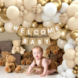 97Pcs Boho Baby Shower Decor, Burlap Baby Boxes, Nude Gold Balloons & Banner