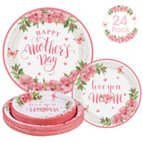 24 Pcs Happy Mother's Day Plates Set - Pink Love You Mom Paper Plate, Disposable Flowers Mothers Day Round Dinner Dessert Plates Tableware for Mother Days Party Supplies Favors Table Decorations
