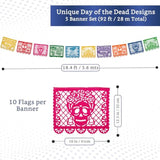Mexican Party Banners (5 Pack - 10 Plastic Flag Designs Per Banner) - Papel Picado Dia De Los Muertos Decorations For Altar - Day Of The Dead Banners - Day Of Dead Decor