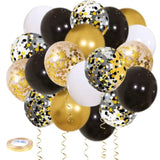 50 Pc Black Gold White Confetti Balloons 12 Inch with Ribbons for Party Decor