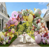 Green Pink Purple Balloon Arch Double Stuffed Pink Yellow Sand White Balloon Garland With Bionic Flower Leaf Butterfly Stickers For Spring Birthday Garden Wildflower Baby Shower Easter Party Decor