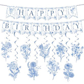 11 Pcs Blue Flower Chinoiserie Happy Birthday Banner & Hanging Swirls