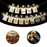 Birthday Photo Banner With 2 Strings Of Fairy Lights For Children And Adult Birthday Party Decorations, Annual Milestone Happy Birthday Banner (Gold)