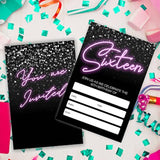 Neon 16Th Birthday Invitations, Glow Theme Birthday Party Invites Decorations, Kids Adults Birthday Party And Events Supplies, 20 Fill-In Invites Cards With Matching Envelopes?Yqk-023?