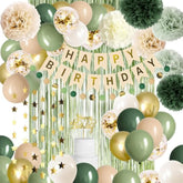 Sage Green Birthday Decor – Neutral Rustic Party Set with Balloons, Banner & Pom Poms