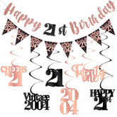 21St Birthday Decorations For Her, Black Rose Gold Happy 21St Birthday Banner Hanging Swirls Vintage 2004 Decorations Kit Cheers To 21 Party Supplies