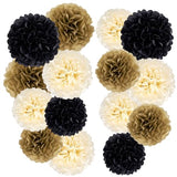 15 Pcs Black Gold Cream Tissue Paper Pom Poms Black and Gold Party Decorations Hanging Paper Flowers Decor for Prom 2026 Graduation Birthday Wedding New Year Home Wall Ceiling Decor